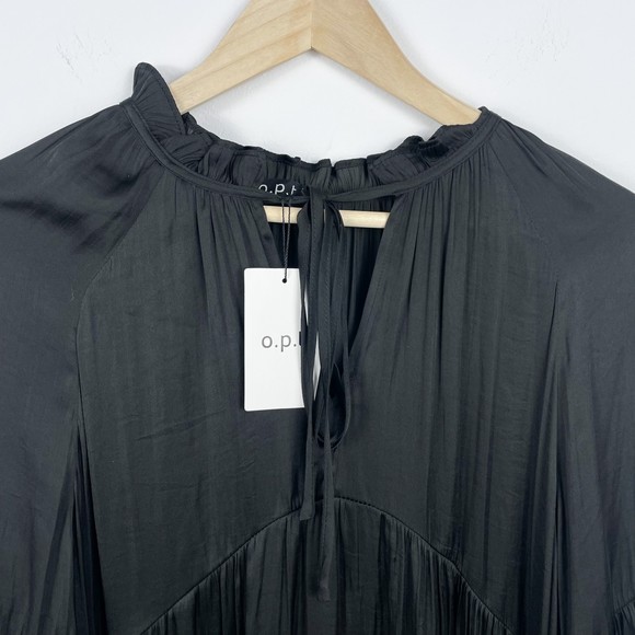 Anthropologie OPT Black Silky Long Sleeve Tiered Dress - Picture 5 of 5